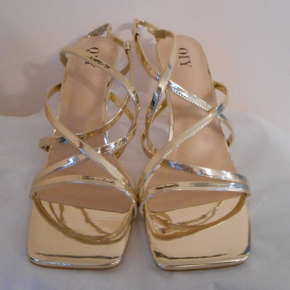 QIY Women's Gold Strappy 4" Chunky Block Heel Lace Up Open Toe Sandals Sz 11-NEW